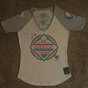 American Fighter Women's Gray and White V-Neck Tee Size Large